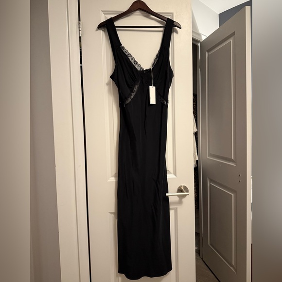 Reformation 100% Silk Black Lace Trim Midi Dress BNWT - Picture 6 of 8